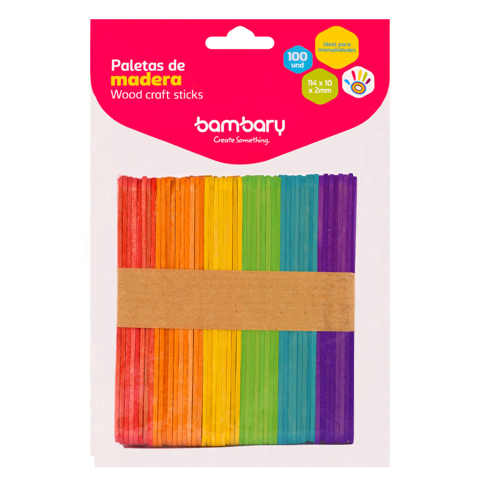 PALETAS DE MADERA  PEQUEÑAS 100 UND   MULTICOLOR  BAMBARY  [1005/050]